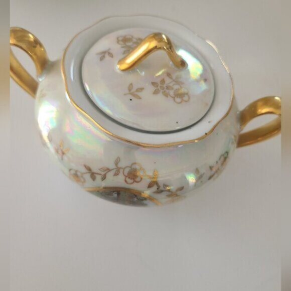 Beautiful Vintage Bavaria, East Germany, Irridescent Gilded Sugar Bowl With Lid - Picture 6 of 7